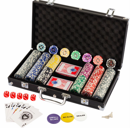 Texas Holdem 300 Chip Poker Set with Aluminium Case, 2 Decks of Cards, Dealer, Small Blind, Big Blind Buttons and 5 Dice