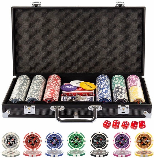 Texas Holdem 300 Chip Poker Set with Aluminium Case, 2 Decks of Cards, Dealer, Small Blind, Big Blind Buttons and 5 Dice
