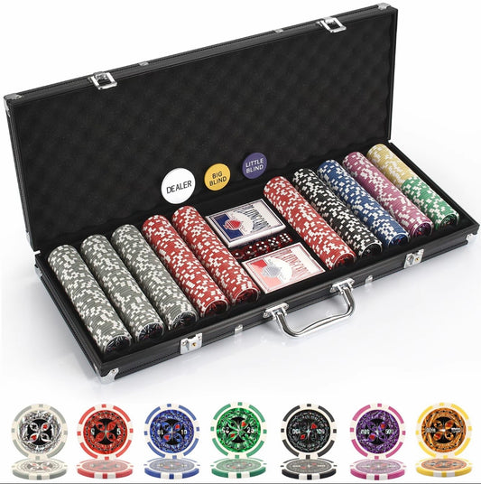 Texas Holdem 500 Chip Poker Set with Aluminium Case, 2 Decks of Cards, Dealer, Small Blind, Big Blind Buttons and 5 Dice