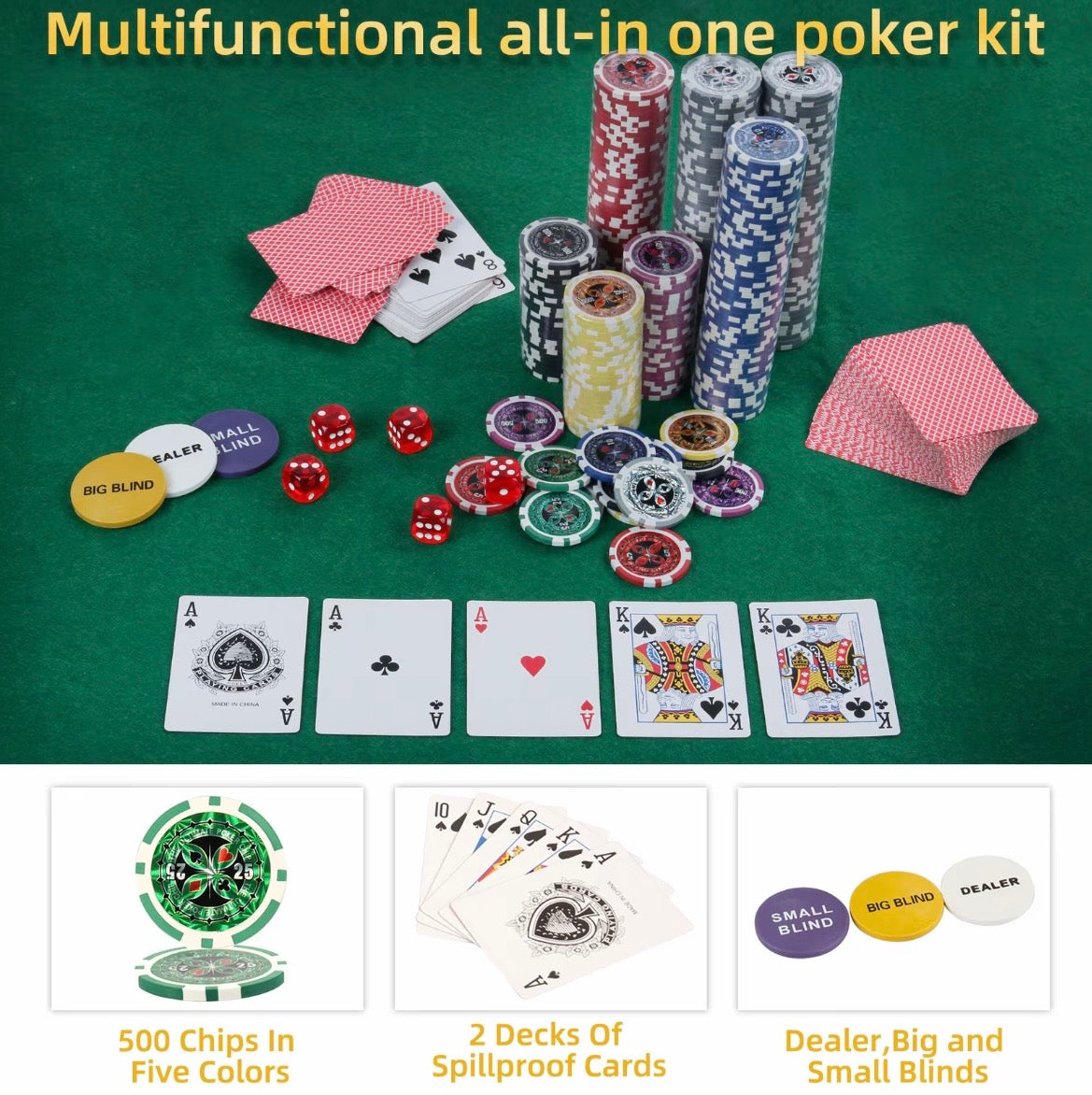 Texas Holdem 300 Chip Poker Set with Aluminium Case, 2 Decks of Cards, Dealer, Small Blind, Big Blind Buttons and 5 Dice