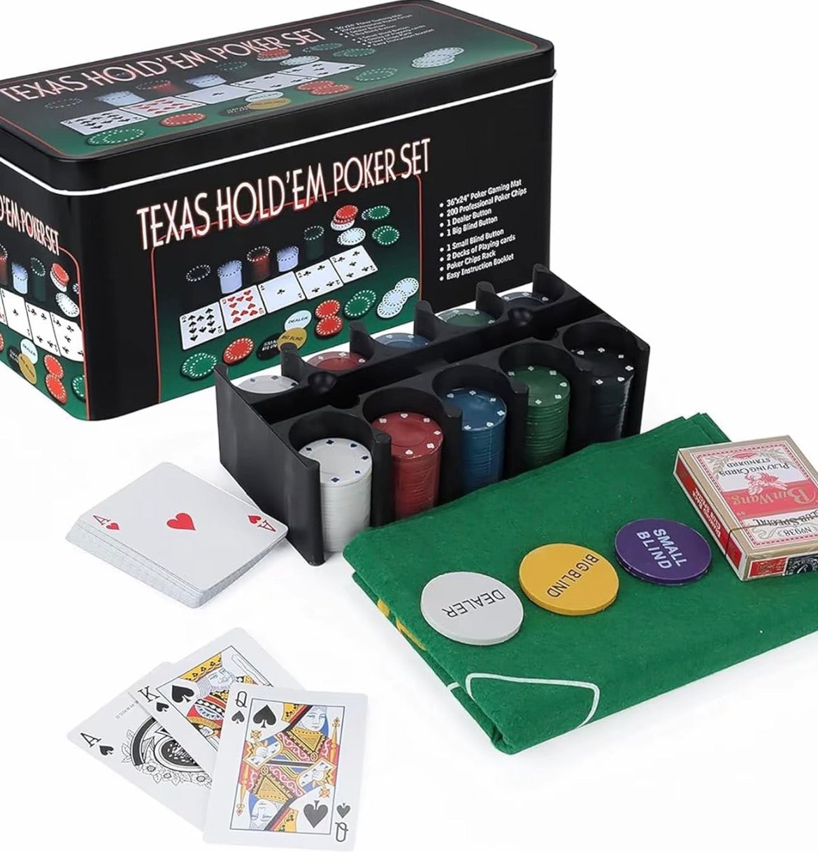 Texas Hold'em 200 Chip Poker Set including Chips, Poker Mat and Deck of Cards