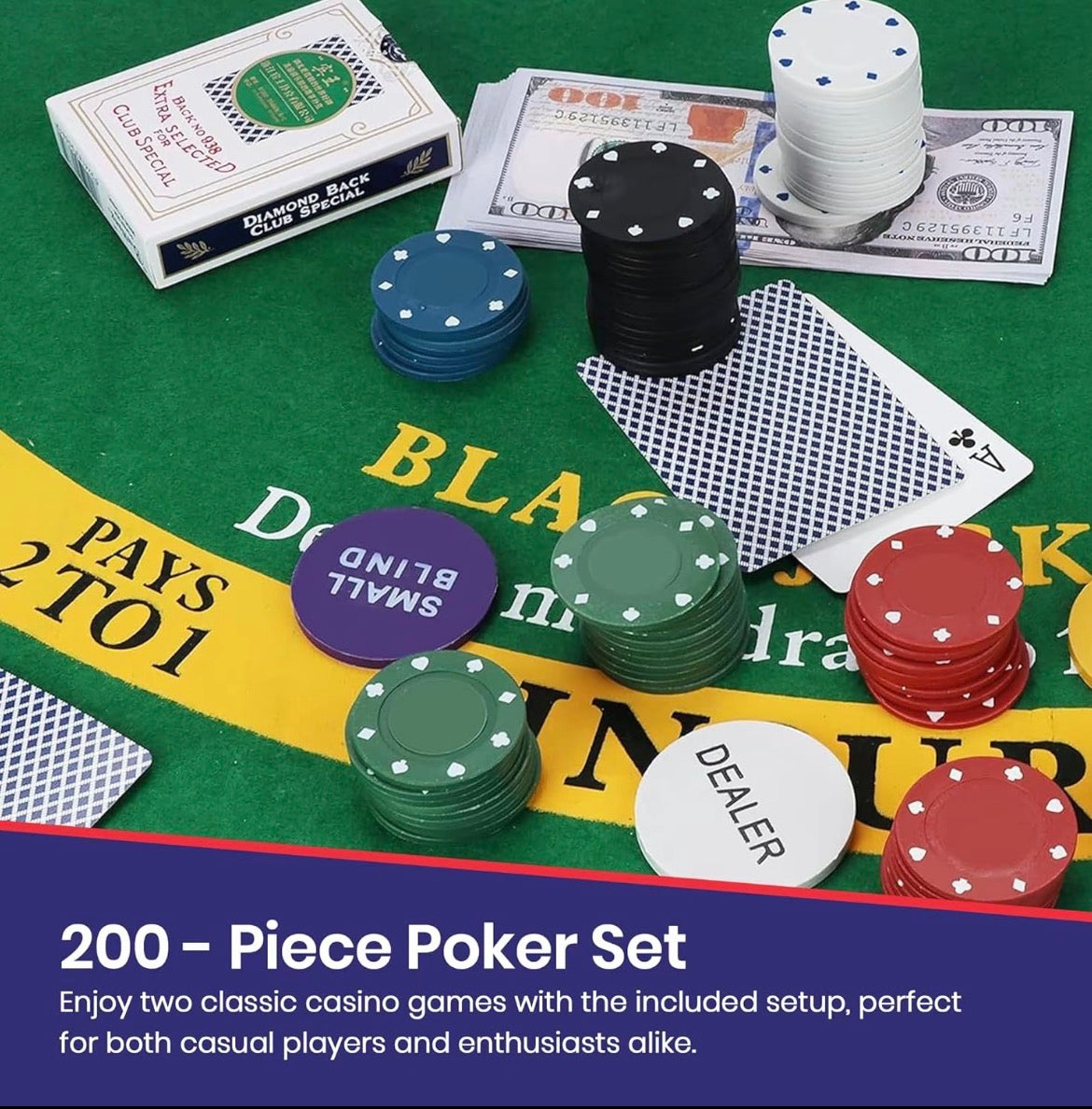 Texas Hold'em 200 Chip Poker Set including Chips, Poker Mat and Deck of Cards