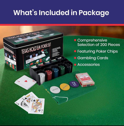 Texas Hold'em 200 Chip Poker Set including Chips, Poker Mat and Deck of Cards